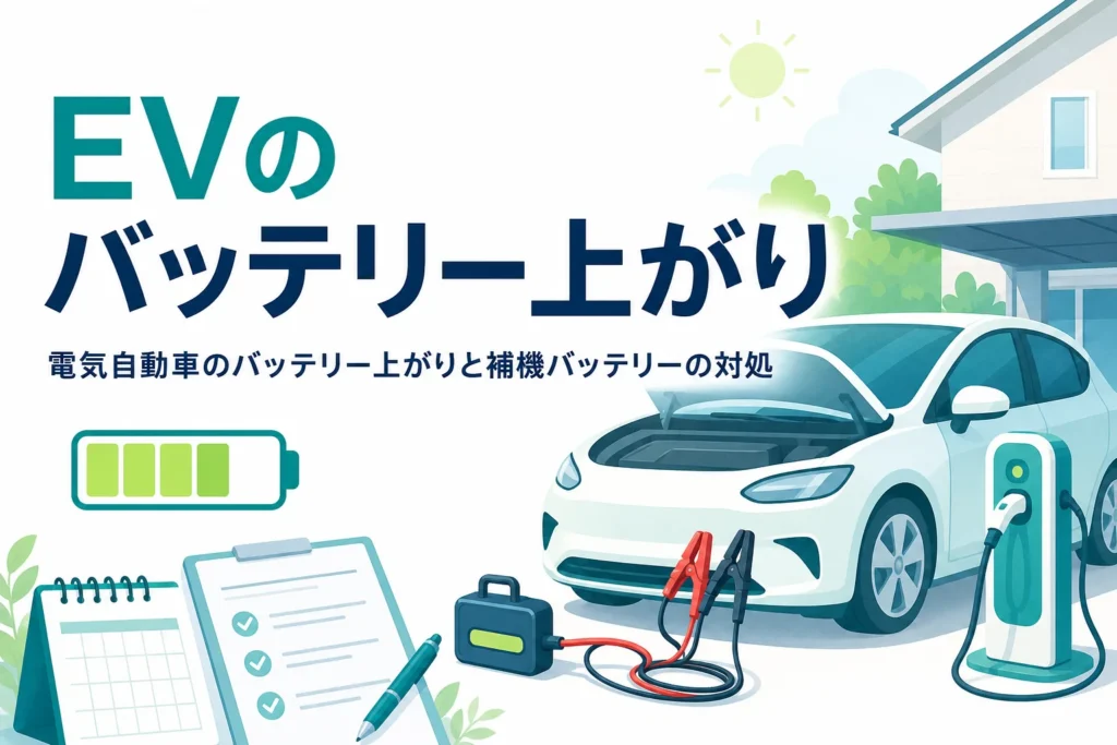 駐車場の乗用車とブースターケーブルのイメージに、電気自動車のバッテリー上がりを紹介する記事タイトルを重ねたアイキャッチ