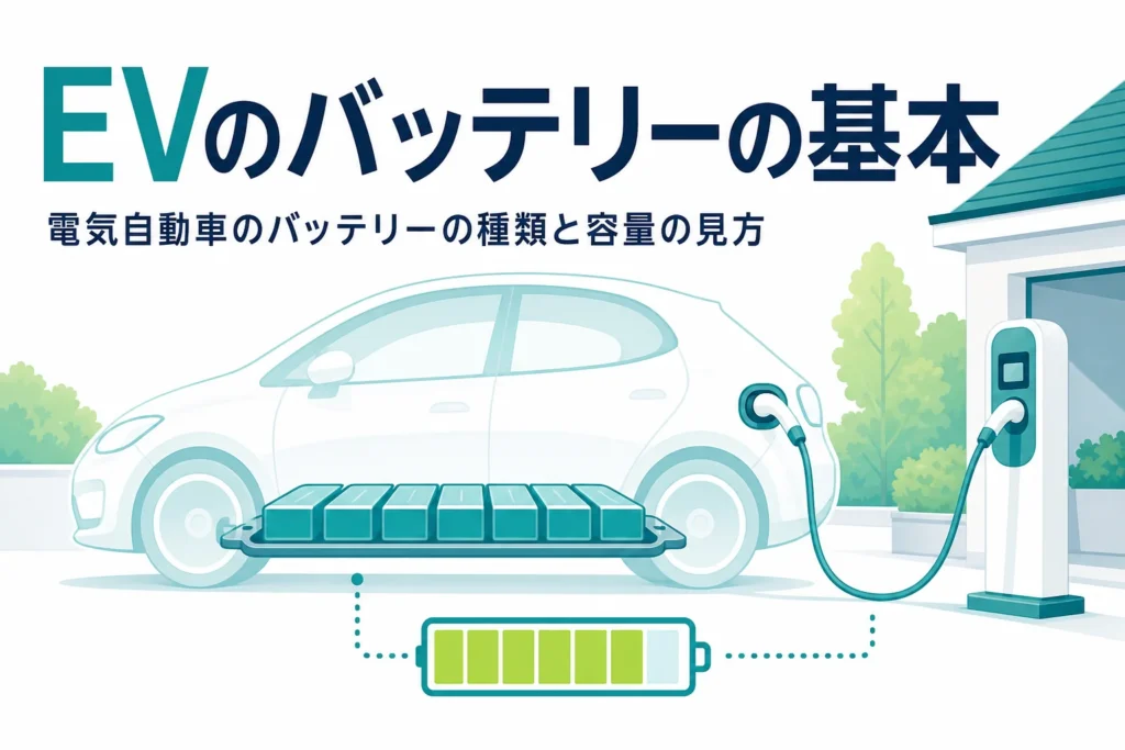 床下に電池を積んだ乗用車のイメージに、電気自動車のバッテリーの基本を紹介する記事タイトルを重ねたアイキャッチ