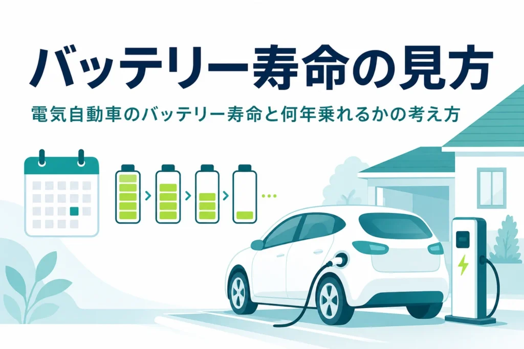 駐車場で充電中の乗用車と電池残量マークに、電気自動車のバッテリー寿命を紹介する記事タイトルを重ねたアイキャッチ