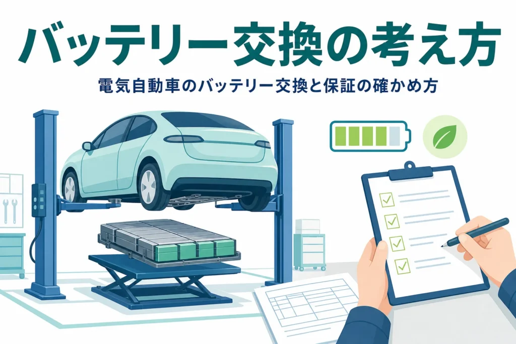 整備工場の乗用車と見積書のイメージに、電気自動車のバッテリー交換を紹介する記事タイトルを重ねたアイキャッチ