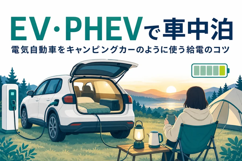 夕暮れのキャンプ場で車の電気を使う様子と「EV・PHEVで車中泊」の文字