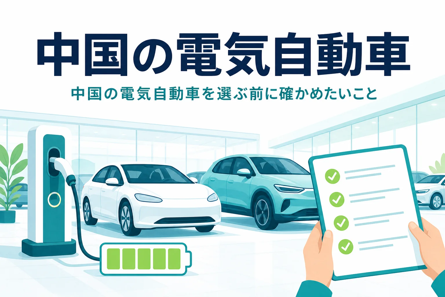 ショールーム前の電気自動車とチェックリストを持つ手、「中国の電気自動車」の文字