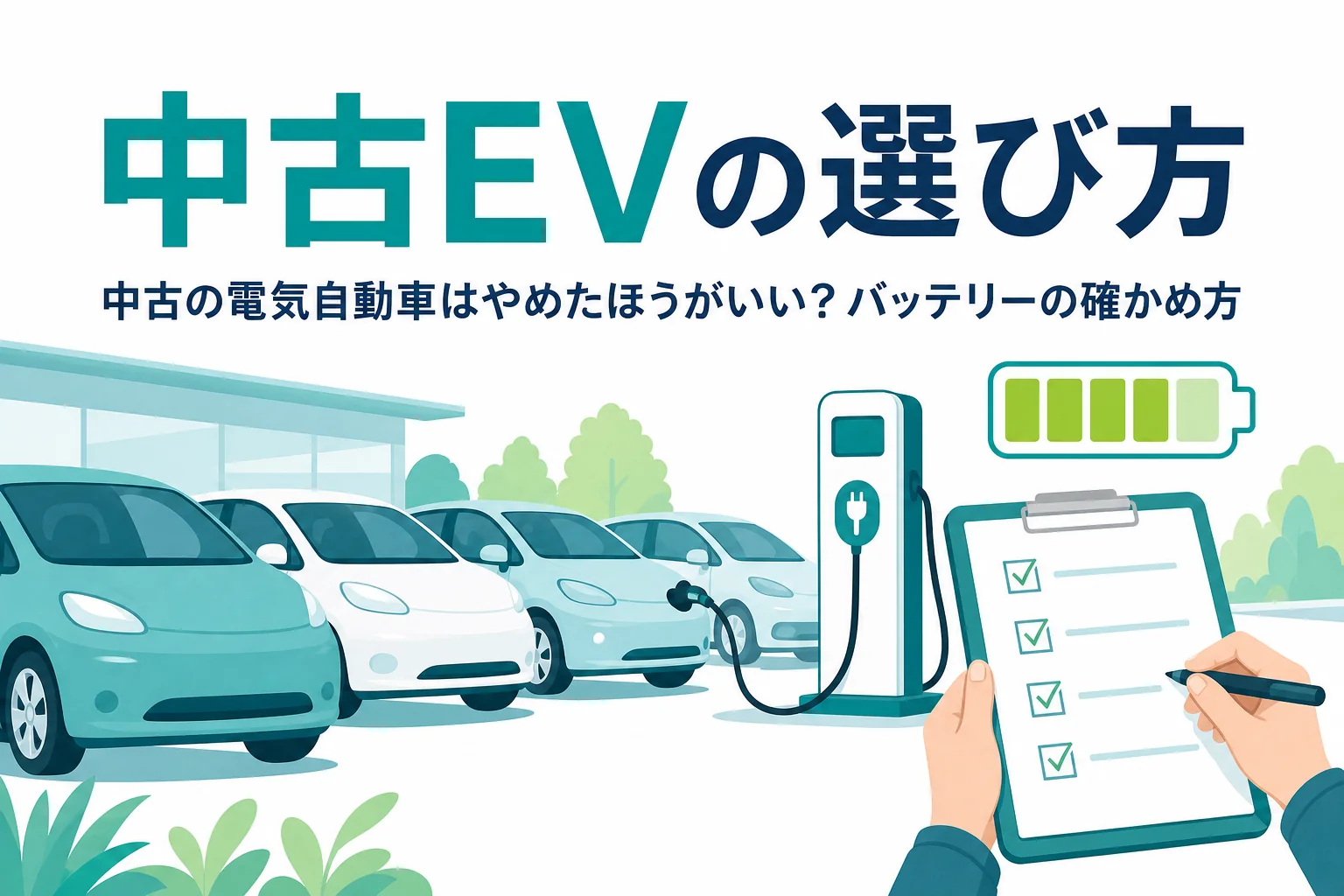 中古車の展示場に並ぶ乗用車とチェックリストのイメージに、中古の電気自動車の選び方を紹介する記事タイトルを重ねたアイキャッチ