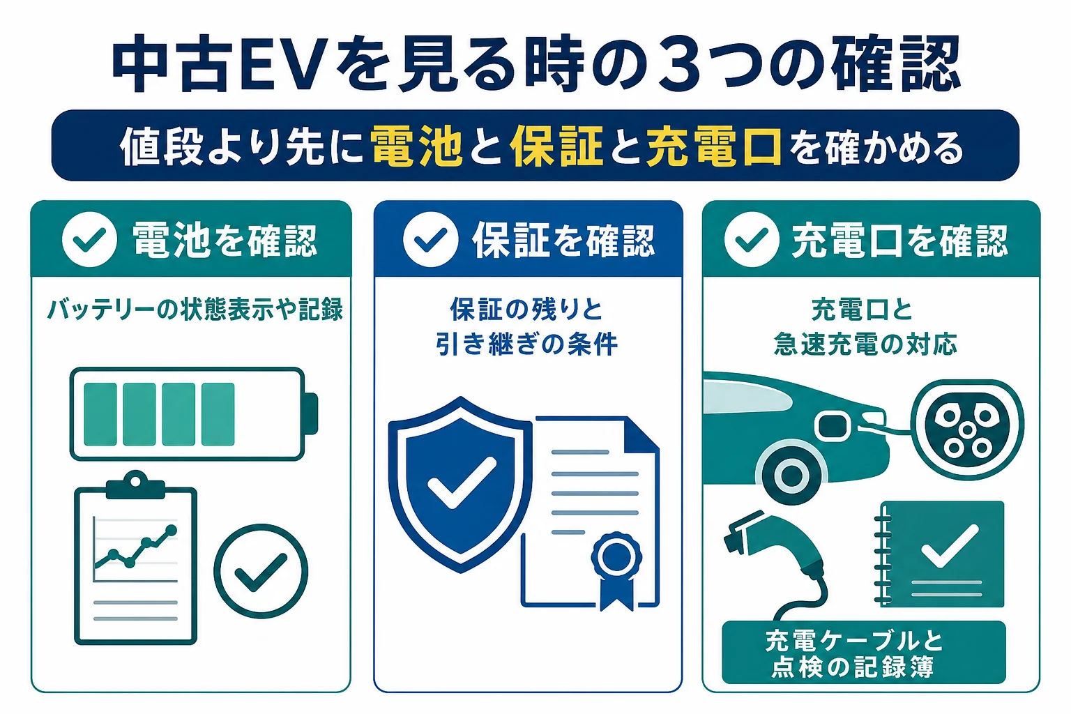 中古の電気自動車を見る時にバッテリーの状態・保証の残り・充電口の対応を確かめるチェックの図解