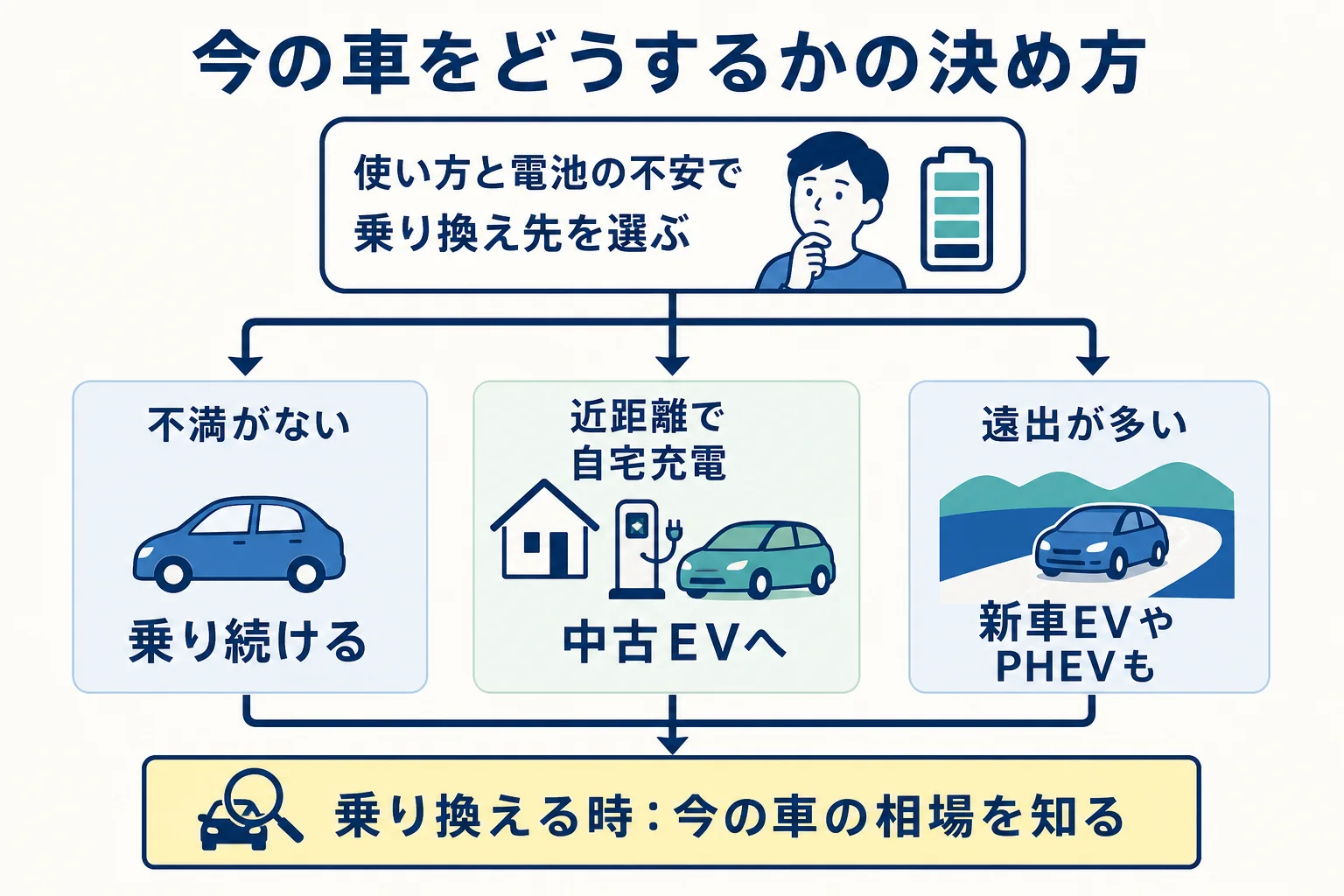 今の車の状況から、乗り続ける・中古EVに乗り換える・新車を選ぶ・今の車を売るを決める判断の図解
