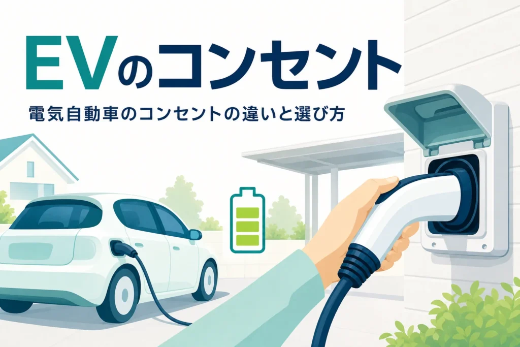 外壁のコンセントにささった充電ケーブルと電気自動車、電気自動車のコンセントの違いを紹介する記事タイトル