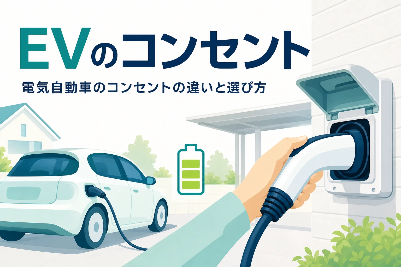 外壁のコンセントにささった充電ケーブルと電気自動車、電気自動車のコンセントの違いを紹介する記事タイトル