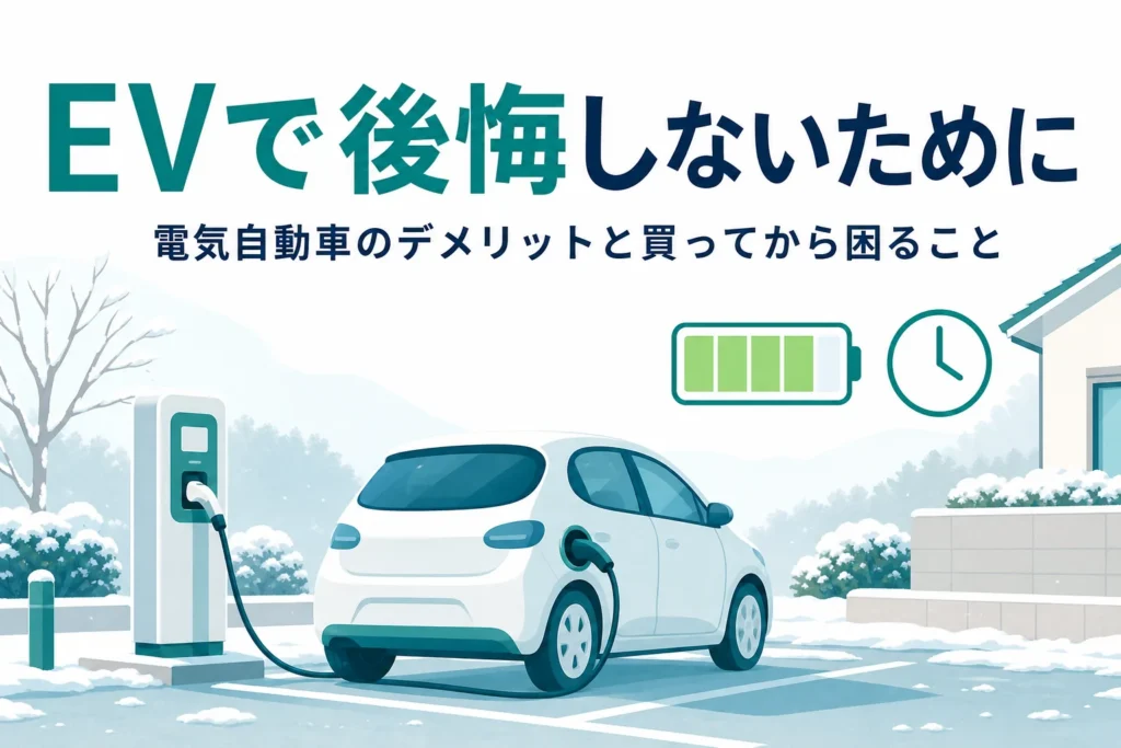 冬の駐車場で充電中の電気自動車と電池残量・時計のアイコンに、電気自動車のデメリットを伝える記事タイトル