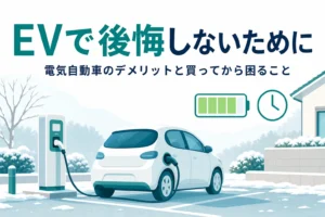 冬の駐車場で充電中の電気自動車と電池残量・時計のアイコンに、電気自動車のデメリットを伝える記事タイトル
