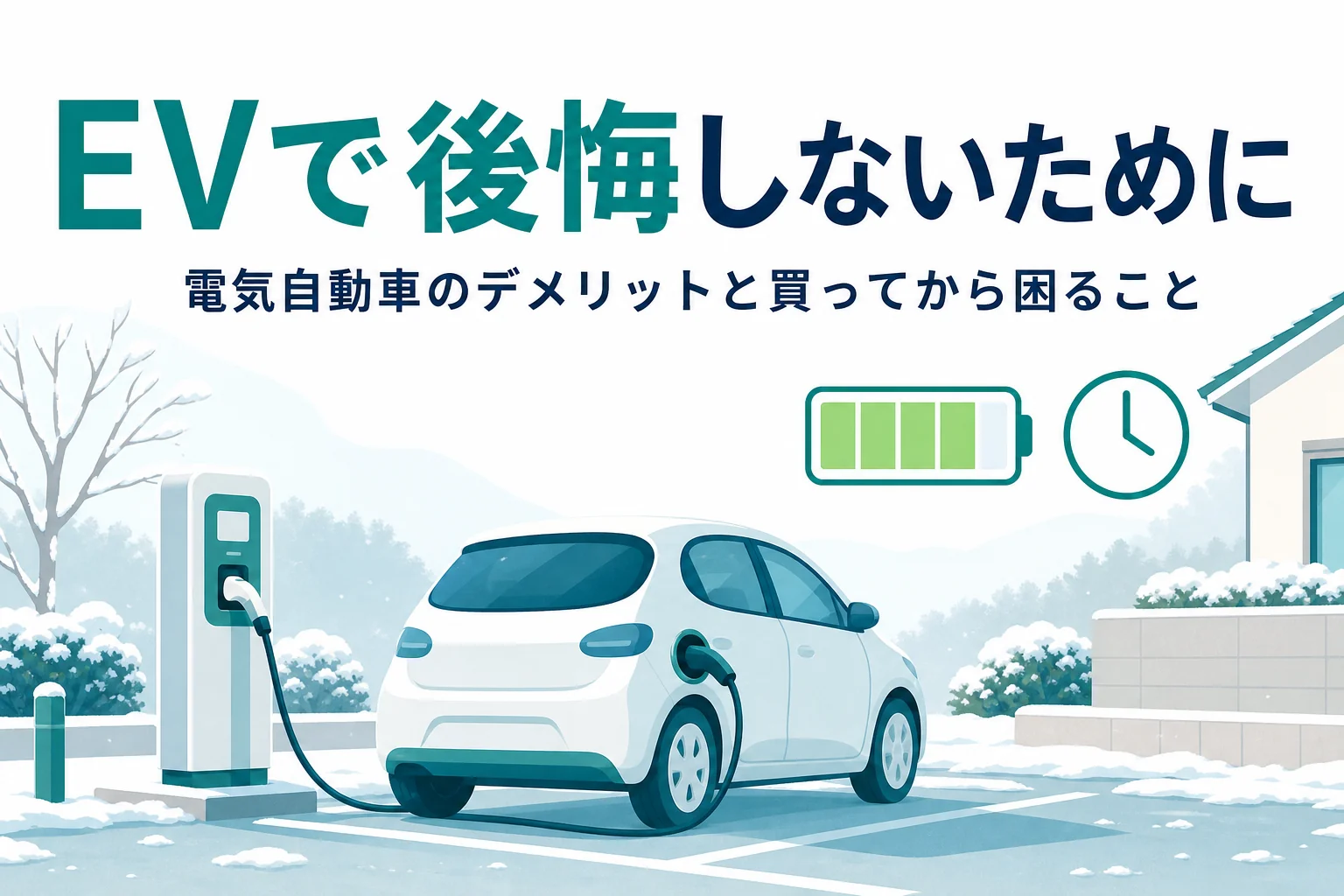 冬の駐車場で充電中の電気自動車と電池残量・時計のアイコンに、電気自動車のデメリットを伝える記事タイトル