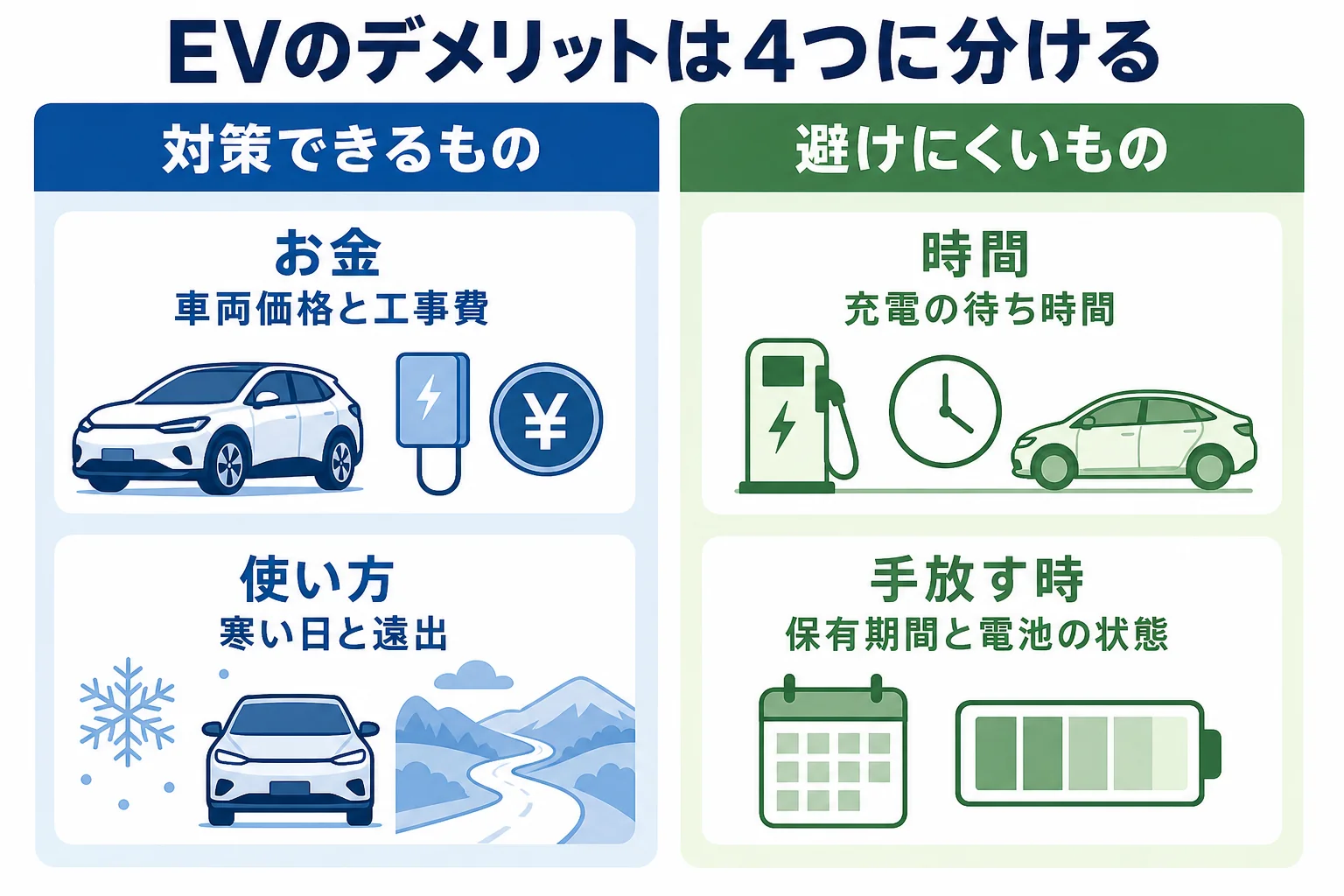 電気自動車のデメリットをお金・時間・使い方・手放す時の4つに分け、対策できるものと避けにくいものを並べた図解
