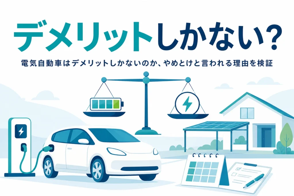 充電中の乗用車と天秤のイラストに「デメリットしかない？」の文字