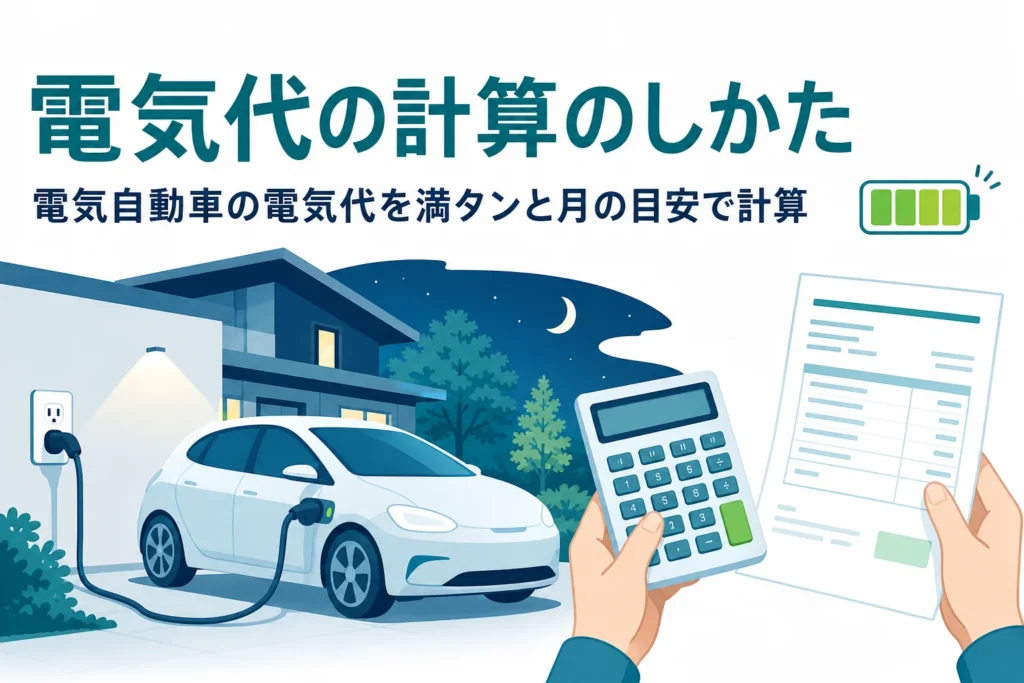 自宅で充電する電気自動車と電卓を持つ手元と、電気自動車の電気代の計算を紹介する記事タイトル