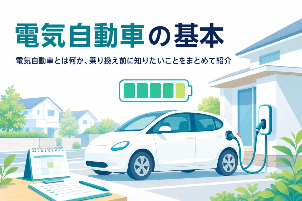 家の駐車場で充電中の電気自動車と、電気自動車の基本を紹介する記事タイトル