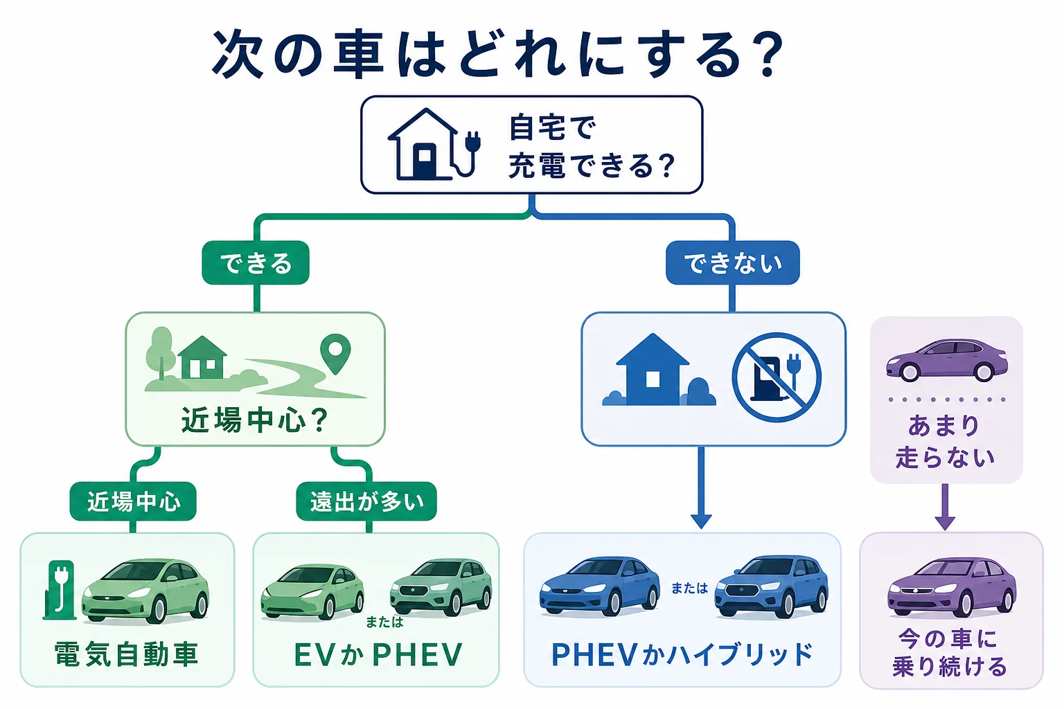 自宅で充電できるかと走る距離で、電気自動車・PHEVやハイブリッド車・今の車のどれを選ぶかを決める流れの図解
