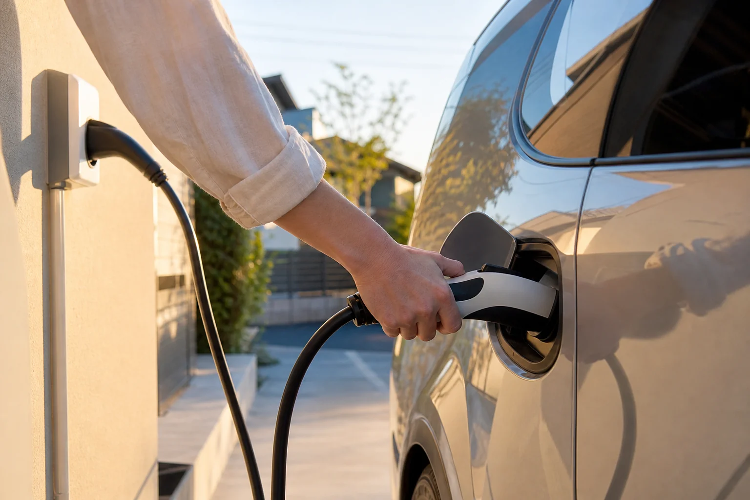 自宅の駐車場で電気自動車に充電ケーブルをつないでいる様子