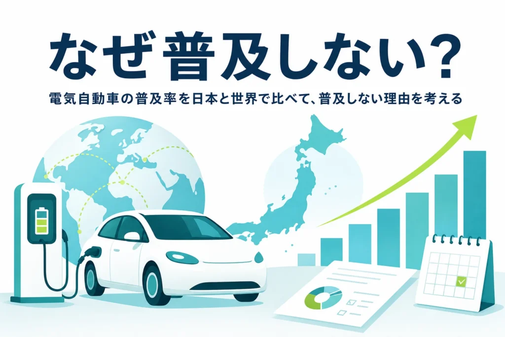地球儀と充電スタンド、棒グラフのイラストに「なぜ普及しない？」の文字