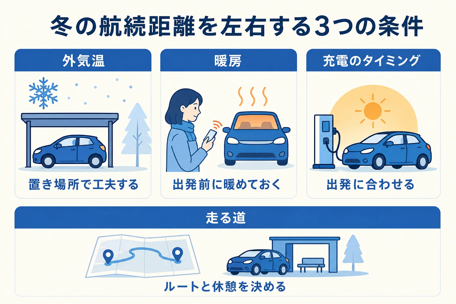 冬の航続距離を左右する外気温・暖房・充電のタイミングの3つの条件と、自分で変えられる工夫を並べた図解