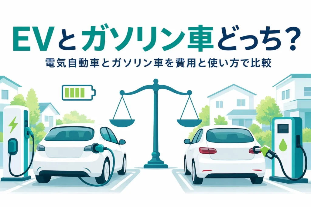 充電中の電気自動車と給油中のガソリン車を天びんで比べたイラストと、電気自動車とガソリン車の比較を伝える記事タイトル