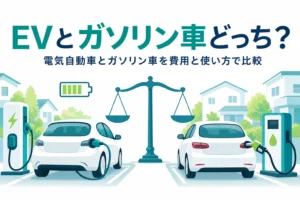 充電中の電気自動車と給油中のガソリン車を天びんで比べたイラストと、電気自動車とガソリン車の比較を伝える記事タイトル