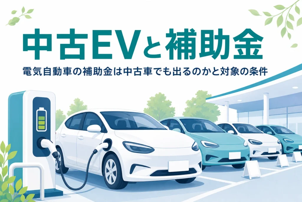 中古車の展示場に並ぶ電気自動車と充電スタンドで、中古の電気自動車の補助金を紹介する記事タイトル