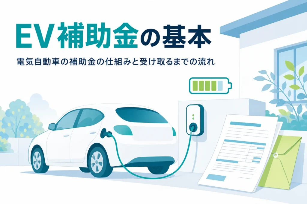 自宅で充電中の電気自動車と申請書類が並び、電気自動車の補助金の基本を紹介する記事タイトル