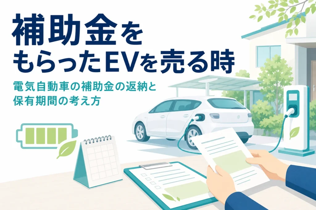 駐車場の電気自動車と書類を確かめる手元、補助金をもらった電気自動車を売る時の返納の考え方を紹介する記事タイトル