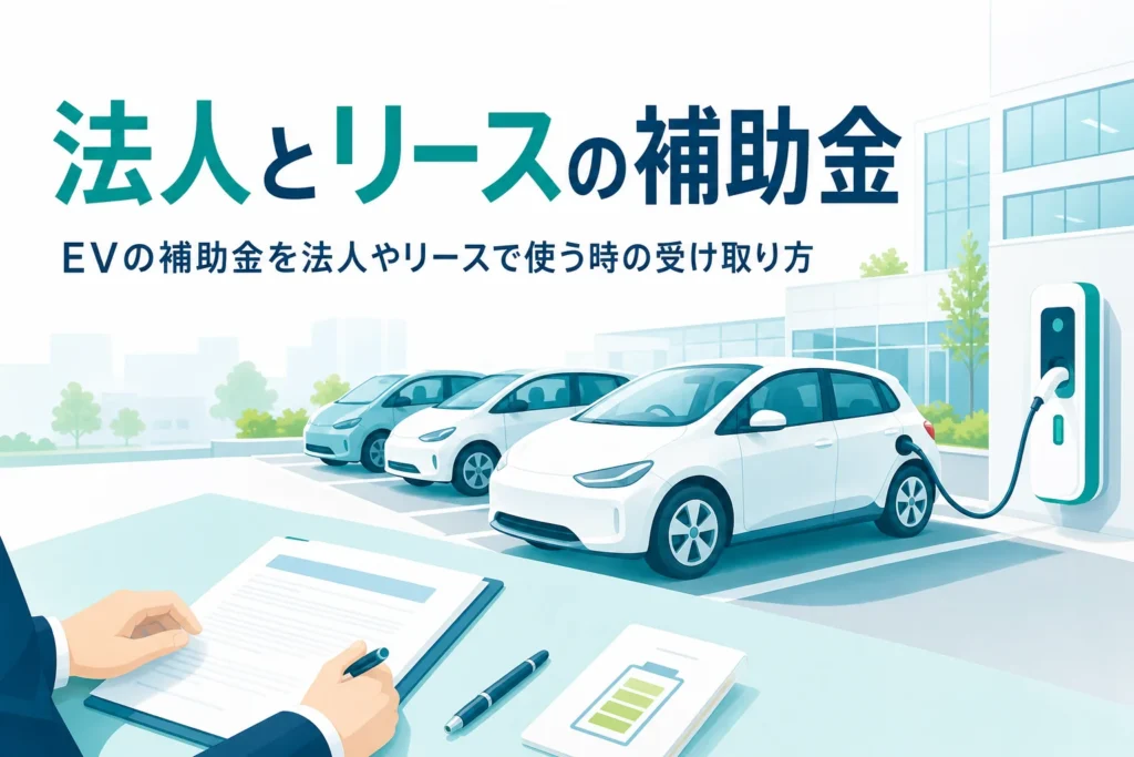 オフィスの駐車場で充電する社用の電気自動車と契約書類、法人やリースでEVを導入する時の補助金を紹介する記事タイトル