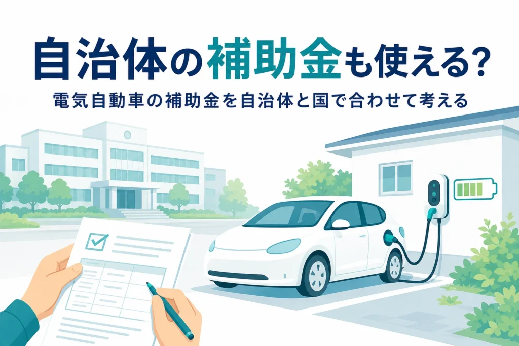 家の駐車場で充電する電気自動車と書類を確認する手元、自治体の電気自動車の補助金を紹介する記事タイトル