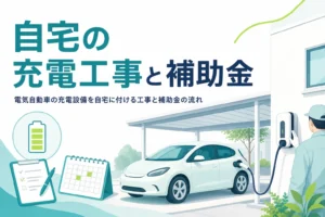 戸建て住宅の外壁に付けた充電設備から電気自動車を充電する様子と、自宅の充電工事の補助金を紹介する記事タイトル