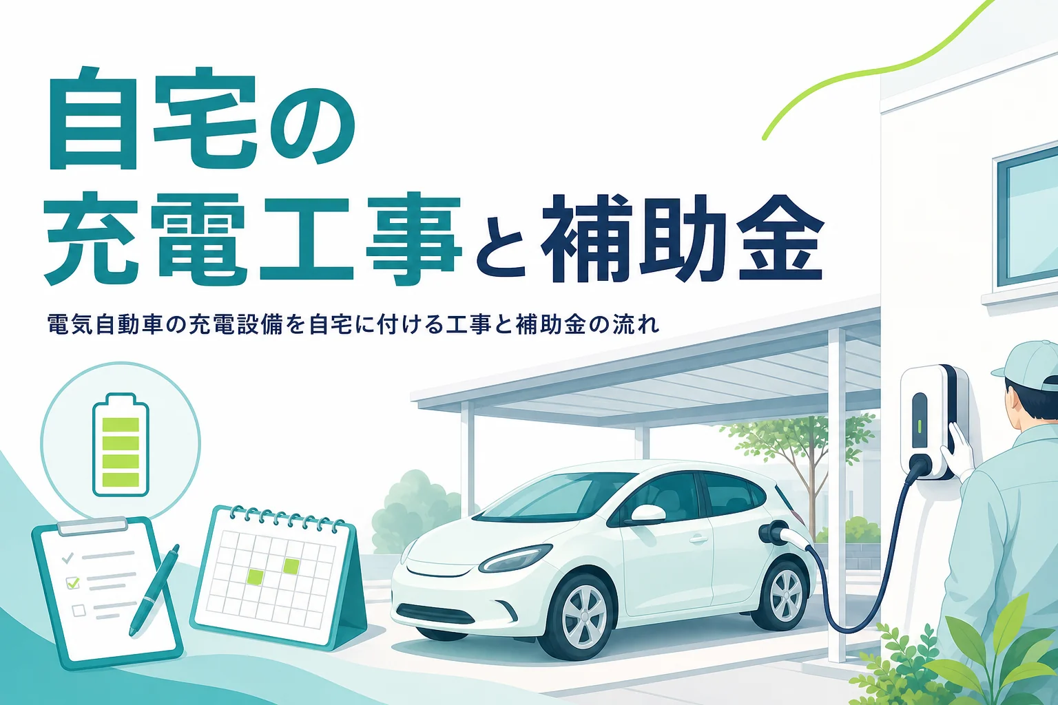 戸建て住宅の外壁に付けた充電設備から電気自動車を充電する様子と、自宅の充電工事の補助金を紹介する記事タイトル