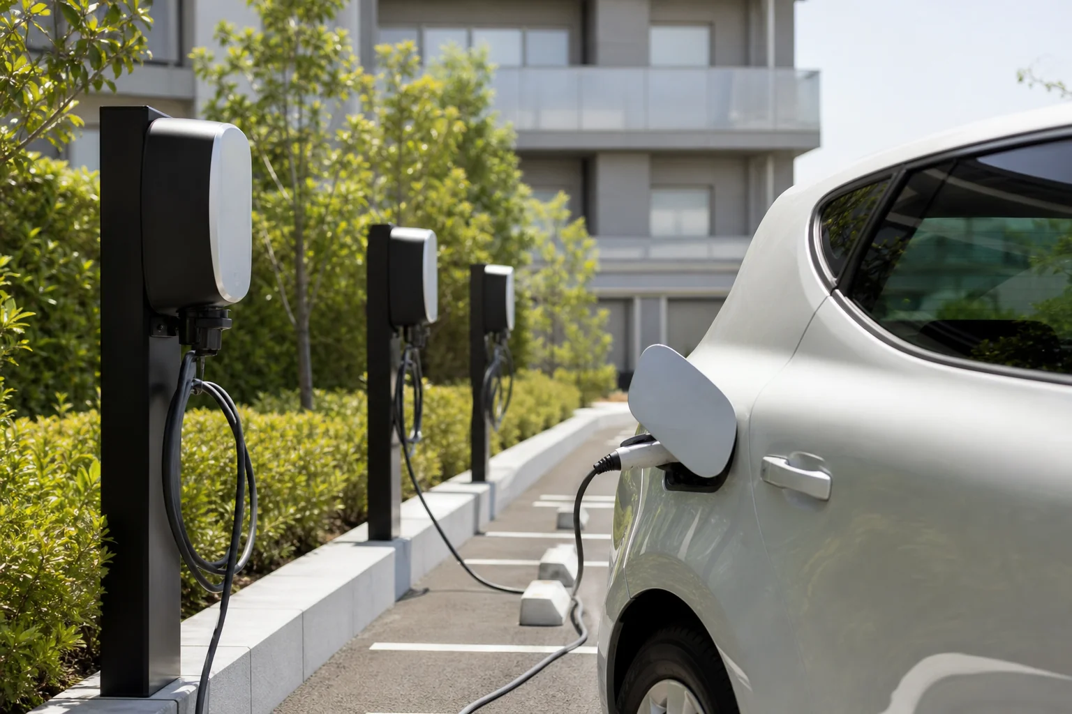 分譲マンションの共用駐車場に付けた普通充電設備のイメージ。マンションでは管理組合が補助を申請する形が中心です