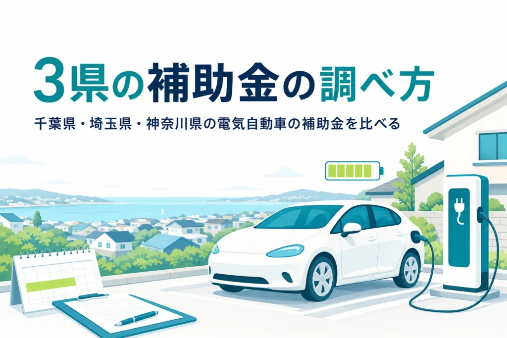 郊外の住宅地で充電する電気自動車と、千葉県・埼玉県・神奈川県の電気自動車の補助金を紹介する記事タイトル