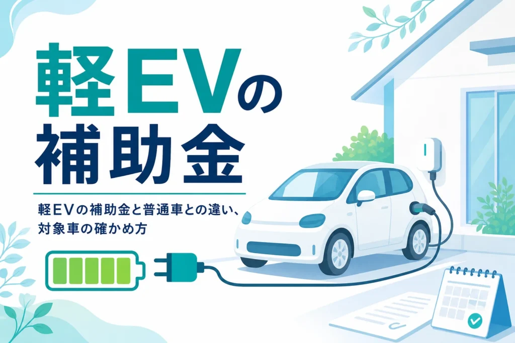 自宅の駐車場で充電中の小さな電気自動車で、軽EVの補助金を紹介する記事タイトル
