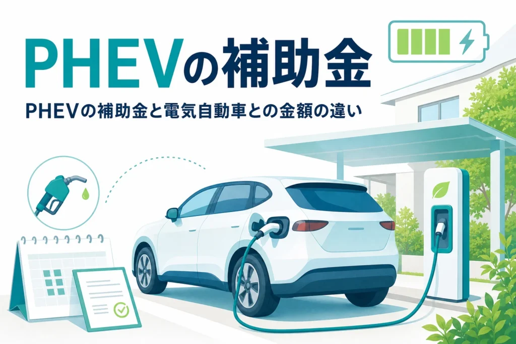 自宅で充電中のプラグインハイブリッド車と給油のイラストで、PHEVの補助金を紹介する記事タイトル
