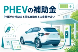 自宅で充電中のプラグインハイブリッド車と給油のイラストで、PHEVの補助金を紹介する記事タイトル