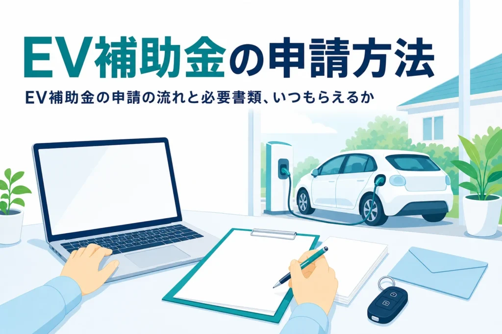 ノートパソコンと申請書類が置かれた机と充電中の電気自動車で、EV補助金の申請方法を紹介する記事タイトル