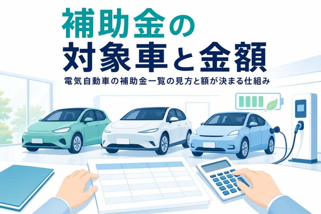 並んだ電気自動車のシルエットと一覧表の書類で、電気自動車の補助金の対象車と金額を紹介する記事タイトル
