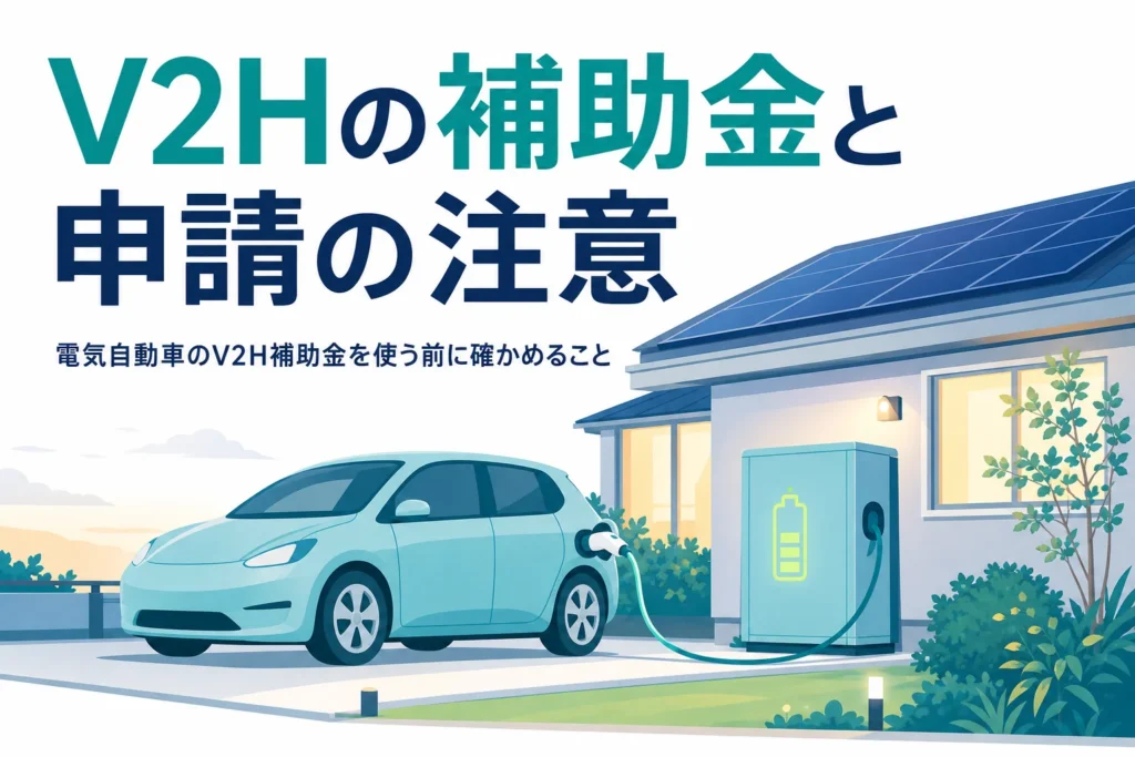 戸建て住宅でV2H設備につないだ電気自動車と、電気自動車のV2H補助金を紹介する記事タイトル