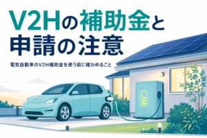 戸建て住宅でV2H設備につないだ電気自動車と、電気自動車のV2H補助金を紹介する記事タイトル