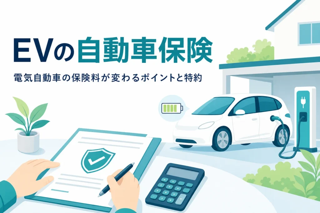 充電中の電気自動車と保険の書類に「EVの自動車保険」の文字
