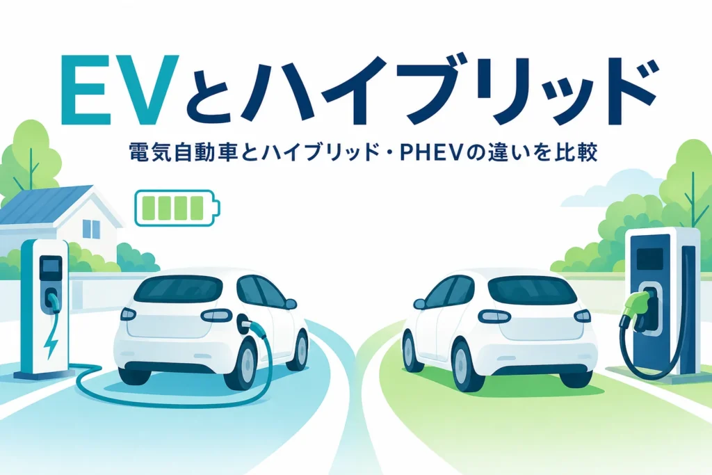 充電中の車と給油中の車が並ぶイラストと、電気自動車とハイブリッド車の違いを紹介する記事タイトル