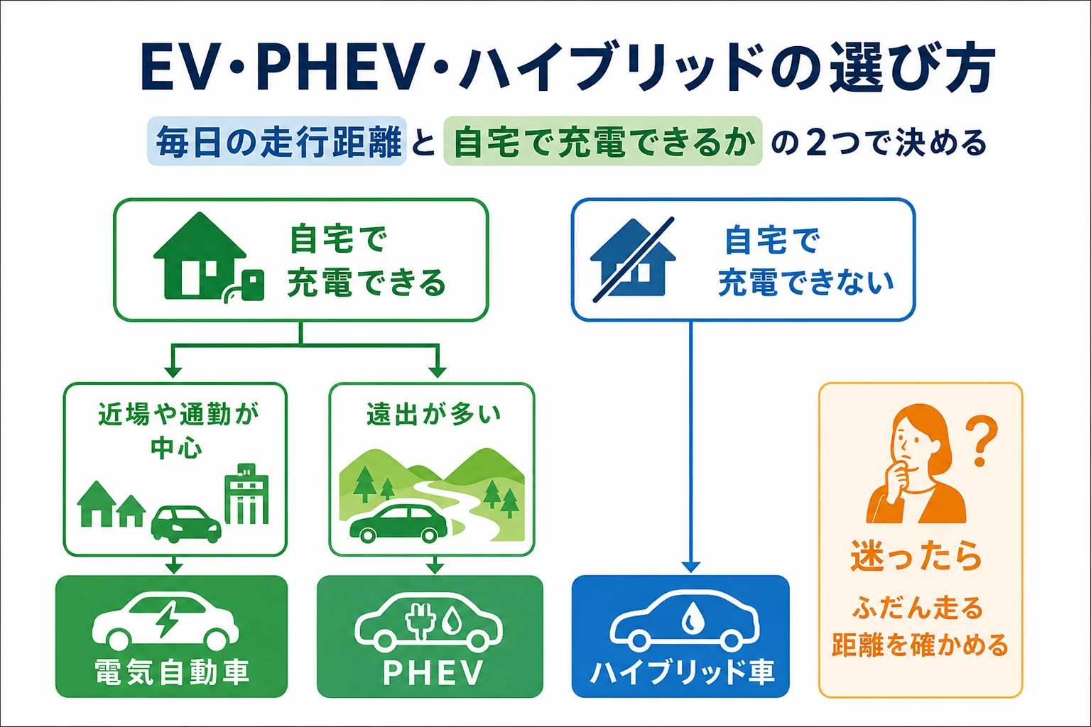 1日の走行距離と自宅で充電できるかの2つの条件で、電気自動車・PHEV・ハイブリッド車のどれが合うかを決める早見表の図解