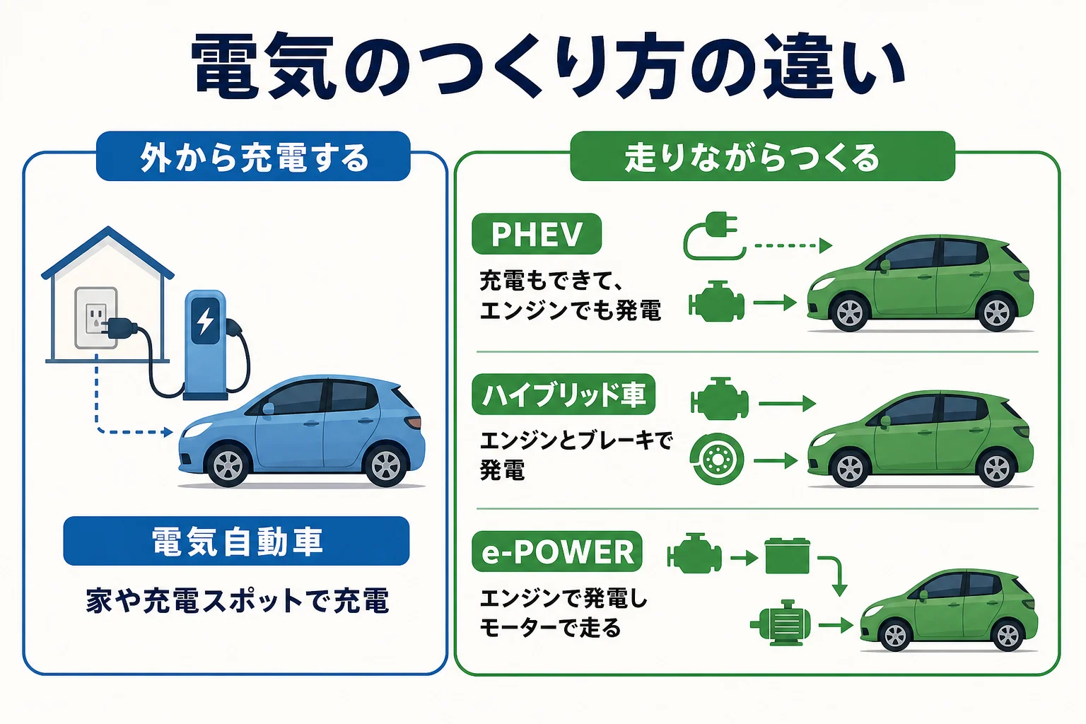 電気自動車・PHEV・ハイブリッド車・e-POWERが走るための電気をどうやってつくっているかを比べた図解
