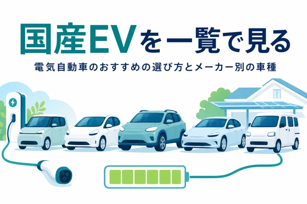 軽からSUVまで大きさの違う電気自動車のシルエットが並ぶイラストと、国産の電気自動車の一覧を伝える記事タイトル