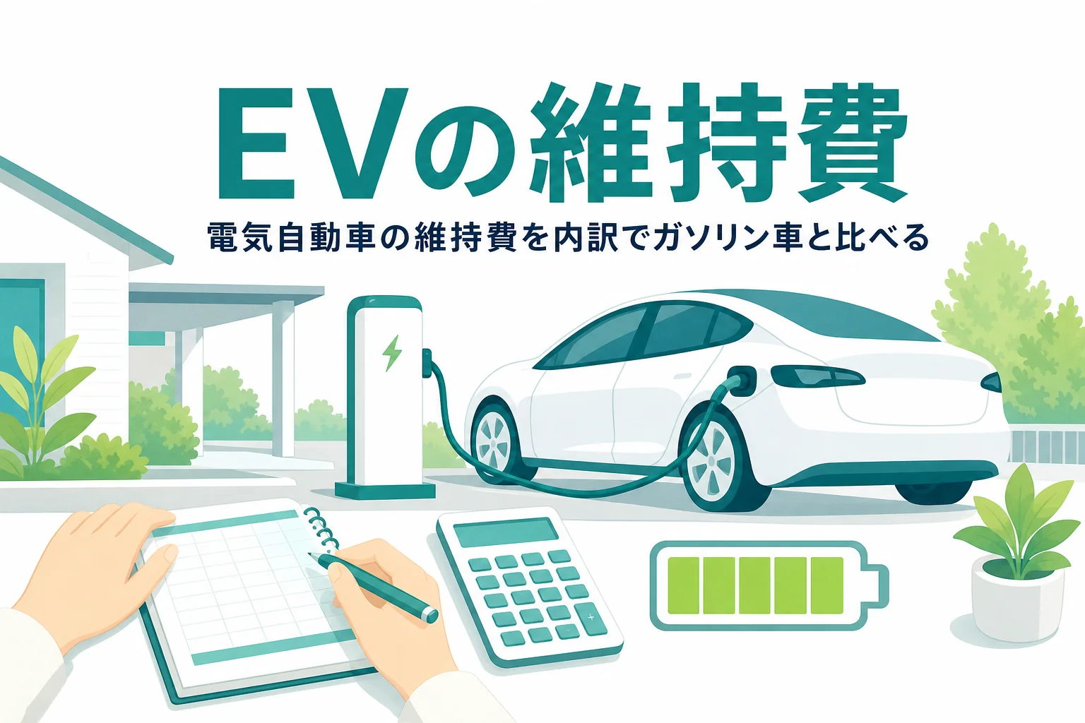 自宅で充電中の電気自動車と家計簿に「EVの維持費」の文字