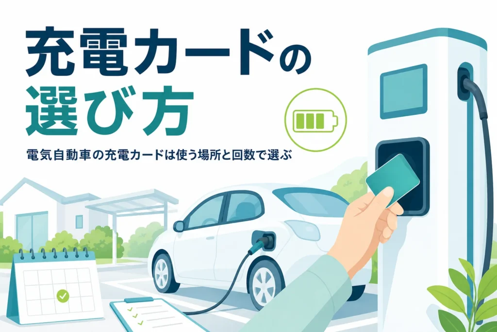 充電スタンドで会員カードをかざす手元と、電気自動車の充電カードの選び方を紹介する記事タイトル