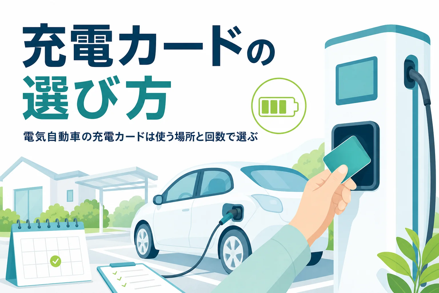 充電スタンドで会員カードをかざす手元と、電気自動車の充電カードの選び方を紹介する記事タイトル