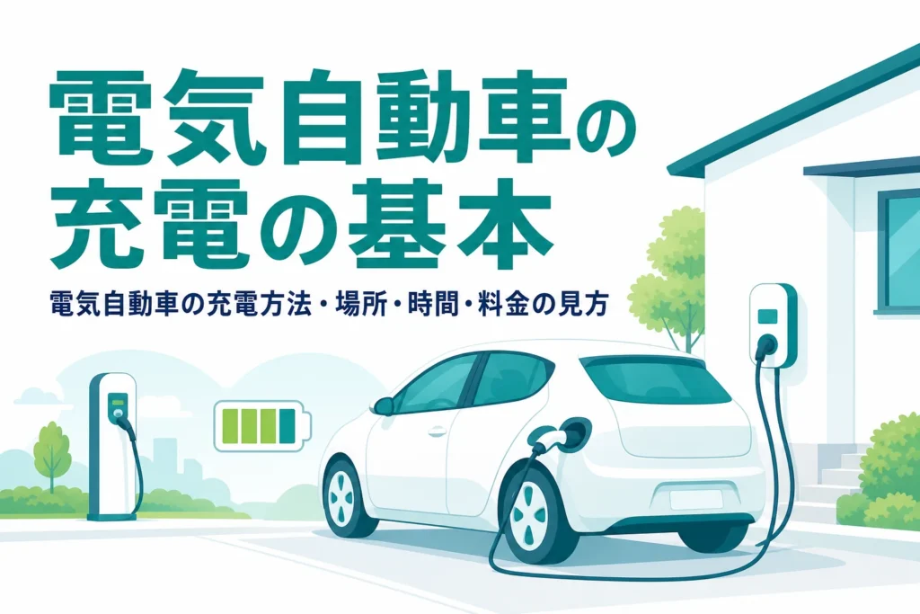 自宅の駐車場で電気自動車を充電する様子と、電気自動車の充電の基本を紹介する記事タイトル