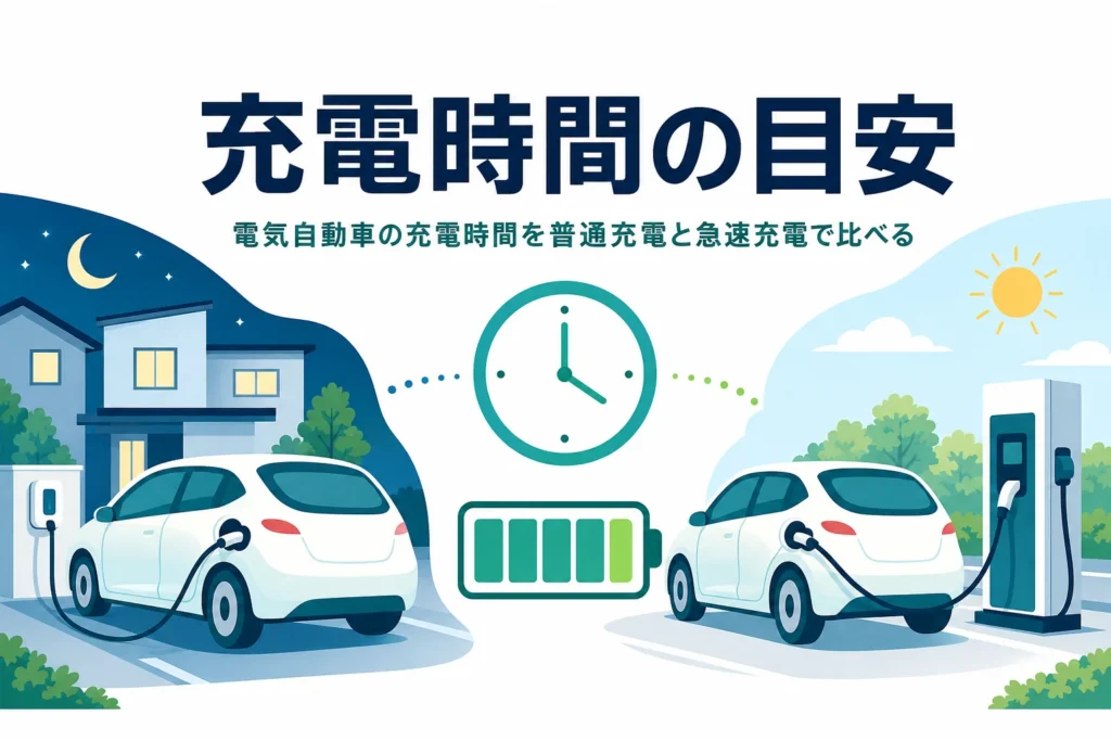 夜の自宅と昼の充電スタンドで充電する電気自動車と時計のアイコン、充電時間の目安を紹介する記事タイトル